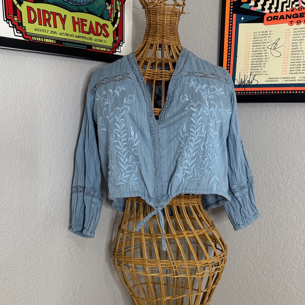 Free People Light Blue Embroidered Blouse